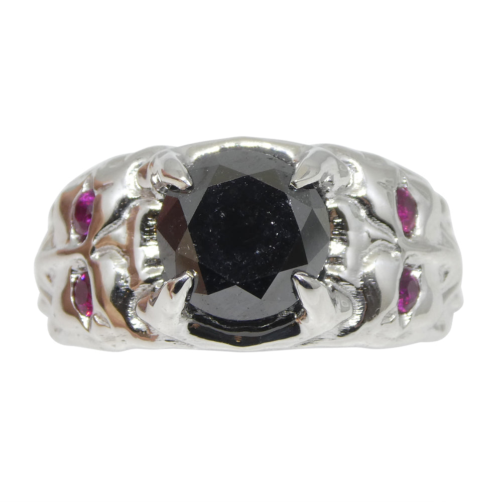 3.54ct Black Diamond, Ruby Devil Mask Ring set in 14k White Gold