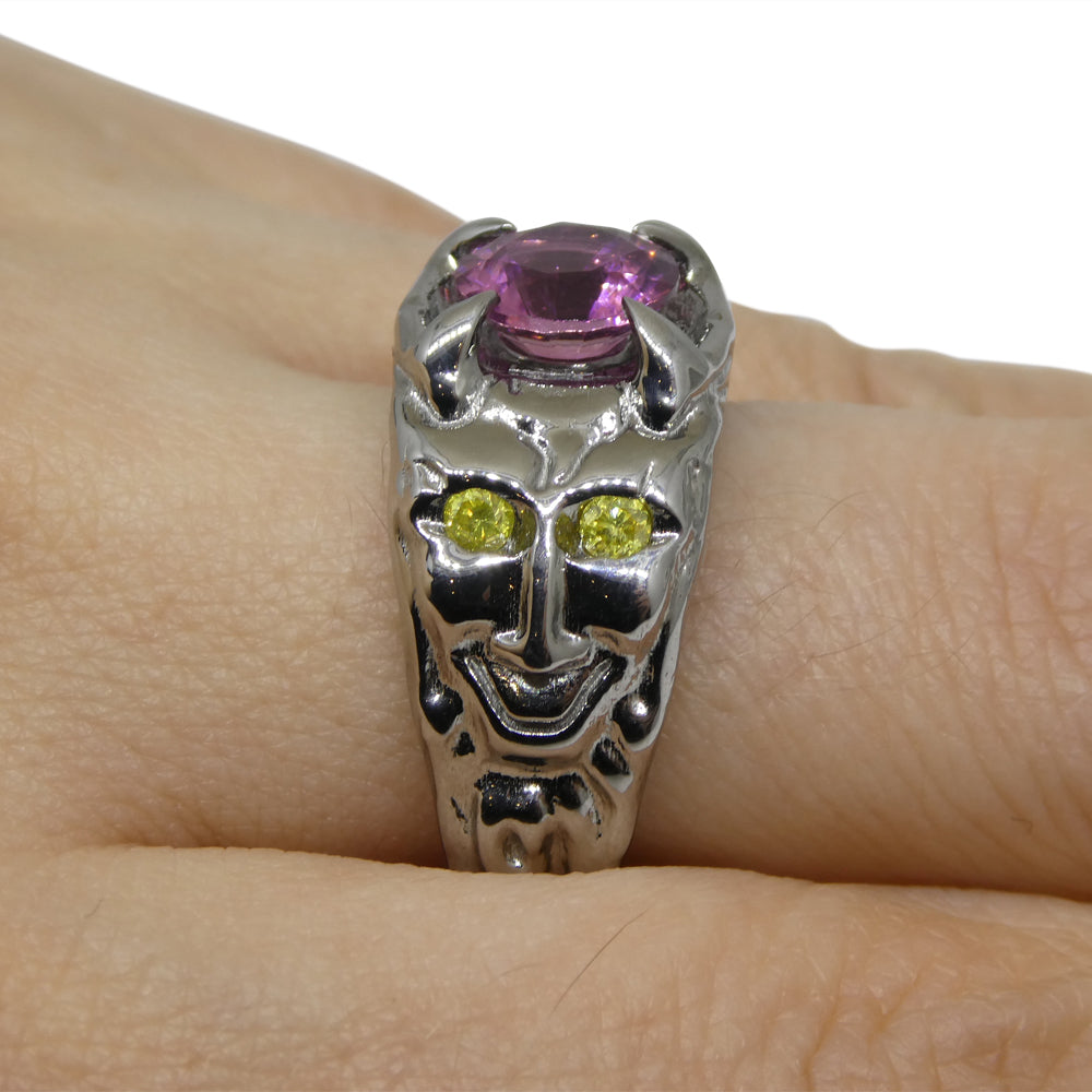 1.33ct Pink Tourmaline, Yellow Diamond Devil Mask Ring set in 14k Black Gold - Skyjems Wholesale Gemstones