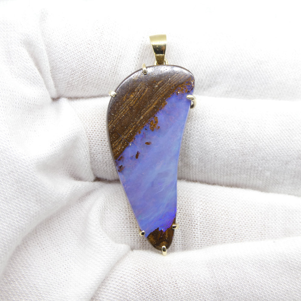 24.95ct Purple-Blue Freeform Boulder Opal Pendant set in 10k Yellow Gold - Skyjems Wholesale Gemstones