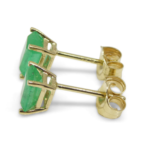 1.00ct Emerald Cut Green Colombian Emerald Stud Earrings set in 14k Yellow Gold