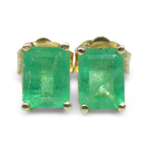 1.00ct Emerald Cut Green Colombian Emerald Stud Earrings set in 14k Yellow Gold