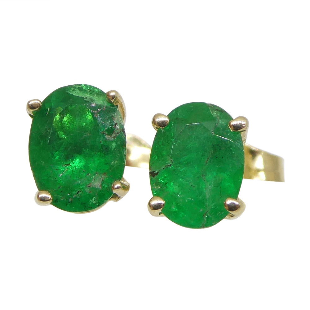 0.96ct Oval Green Colombian Emerald Stud Earrings set in 14k Yellow Gold - Skyjems Wholesale Gemstones