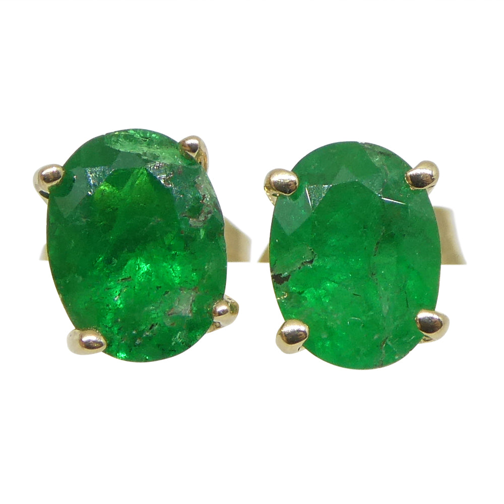 0.96ct Oval Green Colombian Emerald Stud Earrings set in 14k Yellow Gold - Skyjems Wholesale Gemstones