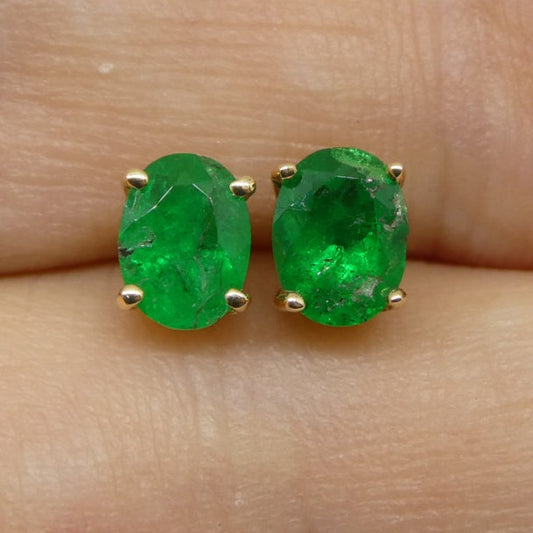 0.96ct Oval Green Colombian Emerald Stud Earrings set in 14k Yellow Gold - Skyjems Wholesale Gemstones