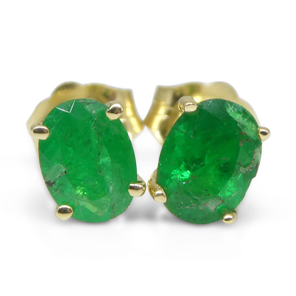 0.96ct Oval Green Colombian Emerald Stud Earrings set in 14k Yellow Gold - Skyjems Wholesale Gemstones