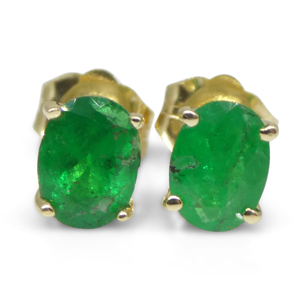 0.96ct Oval Green Colombian Emerald Stud Earrings set in 14k Yellow Gold - Skyjems Wholesale Gemstones