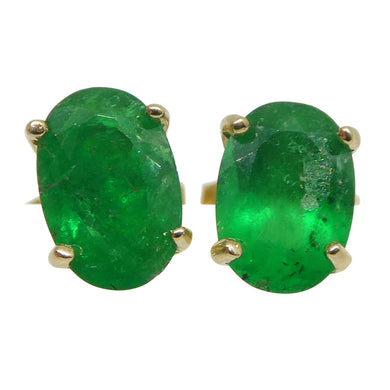 0.80ct Oval Green Colombian Emerald Stud Earrings set in 14k Yellow Gold - Skyjems Wholesale Gemstones
