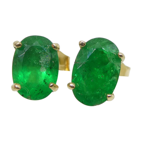 0.80ct Oval Green Colombian Emerald Stud Earrings set in 14k Yellow Gold