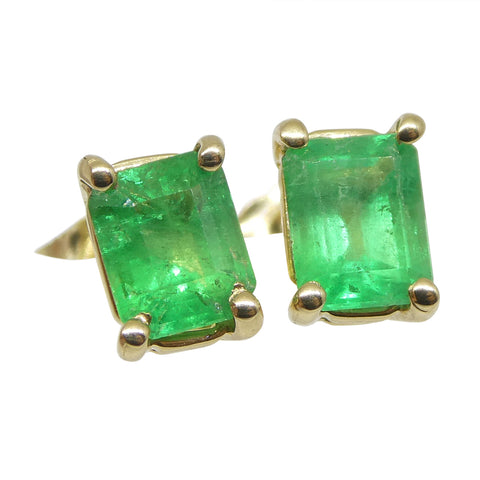 0.85ct Emerald Cut Green Colombian Emerald Stud Earrings set in 14k Yellow Gold