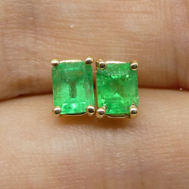 0.85ct Emerald Cut Green Emerald Stud Earrings set in 14k Yellow Gold - Skyjems Wholesale Gemstones