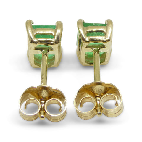 0.85ct Emerald Cut Green Colombian Emerald Stud Earrings set in 14k Yellow Gold