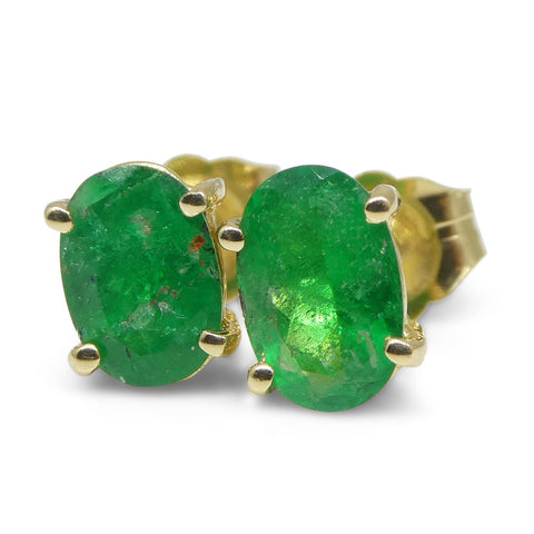 0.94ct Oval Green Colombian Emerald Stud Earrings set in 14k Yellow Gold