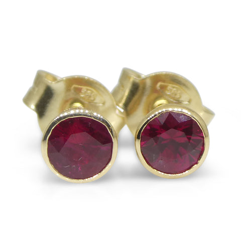 0.52ct Round Red Ruby Stud Earrings set in 14k Yellow Gold