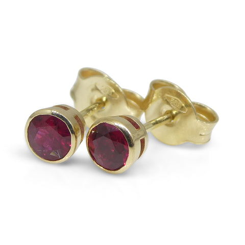 0.52ct Round Red Ruby Stud Earrings set in 14k Yellow Gold