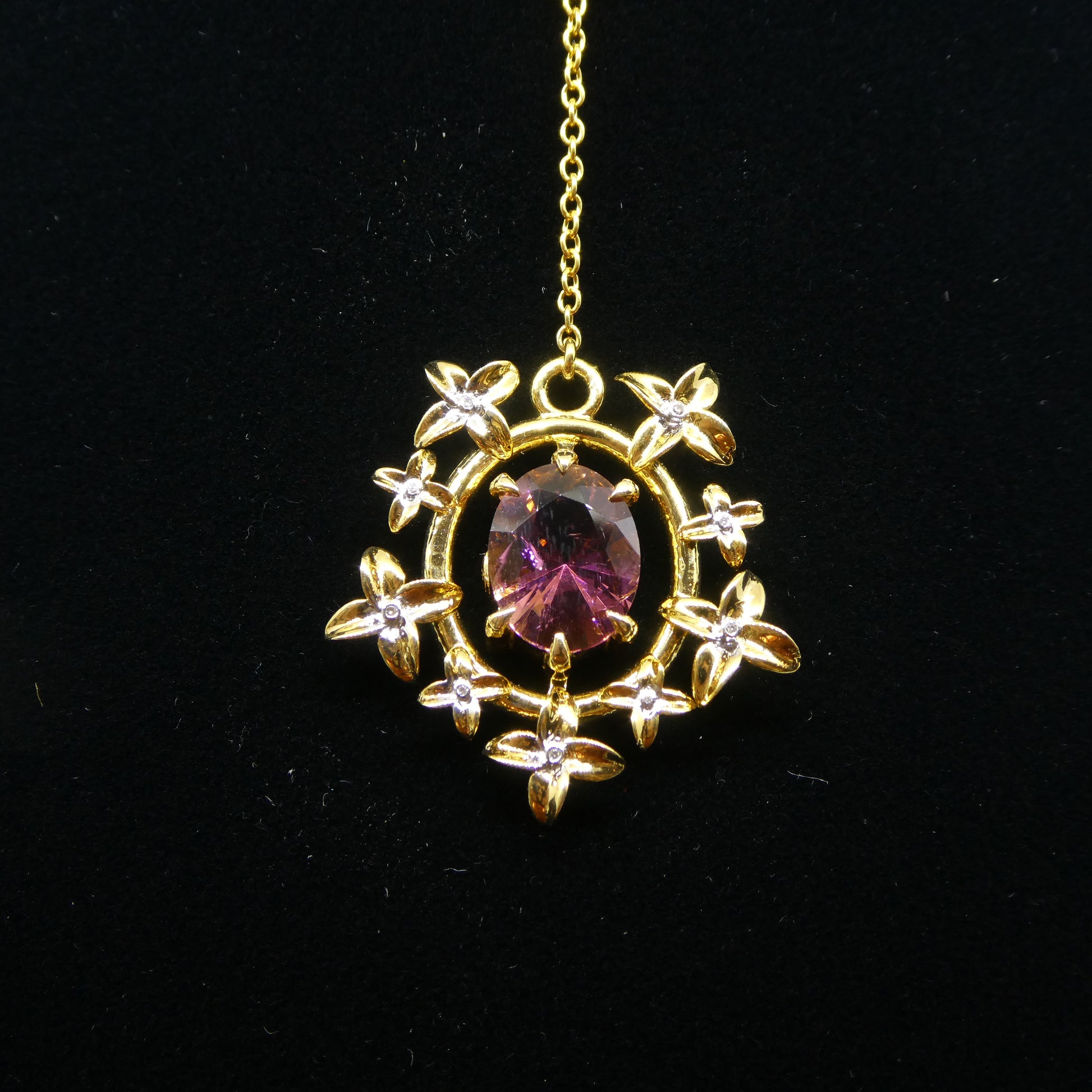 2.91ct Pink Tourmaline, Diamond Pendant set in 14k Yellow Gold, designed by Bella Jang - Skyjems Wholesale Gemstones