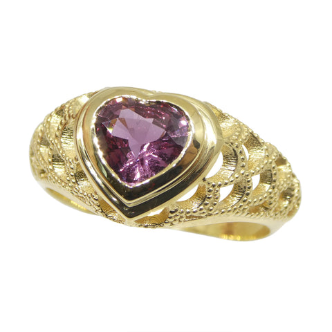 1.15ct Heart Shape Pink Sapphire Filigree Statement or Engagement Ring set in 18k Yellow Gold