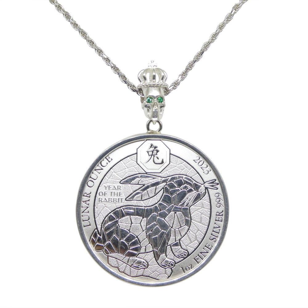 Year of the Rabbit Lunar Ounce Coin Necklace with Emeralds set in