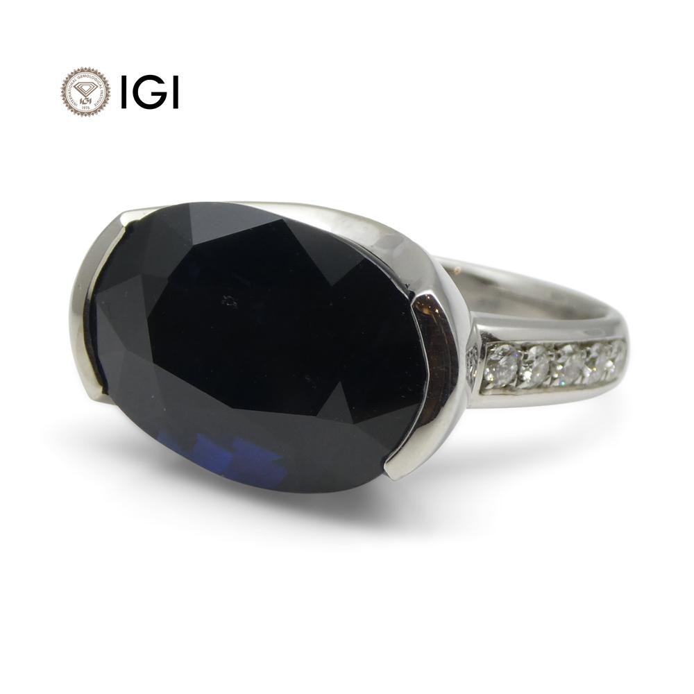 Fine Quality 12.21ct IGI Certified Unheated Blue Sapphire & Diamond Ring in 18kt White Gold - Skyjems Wholesale Gemstones