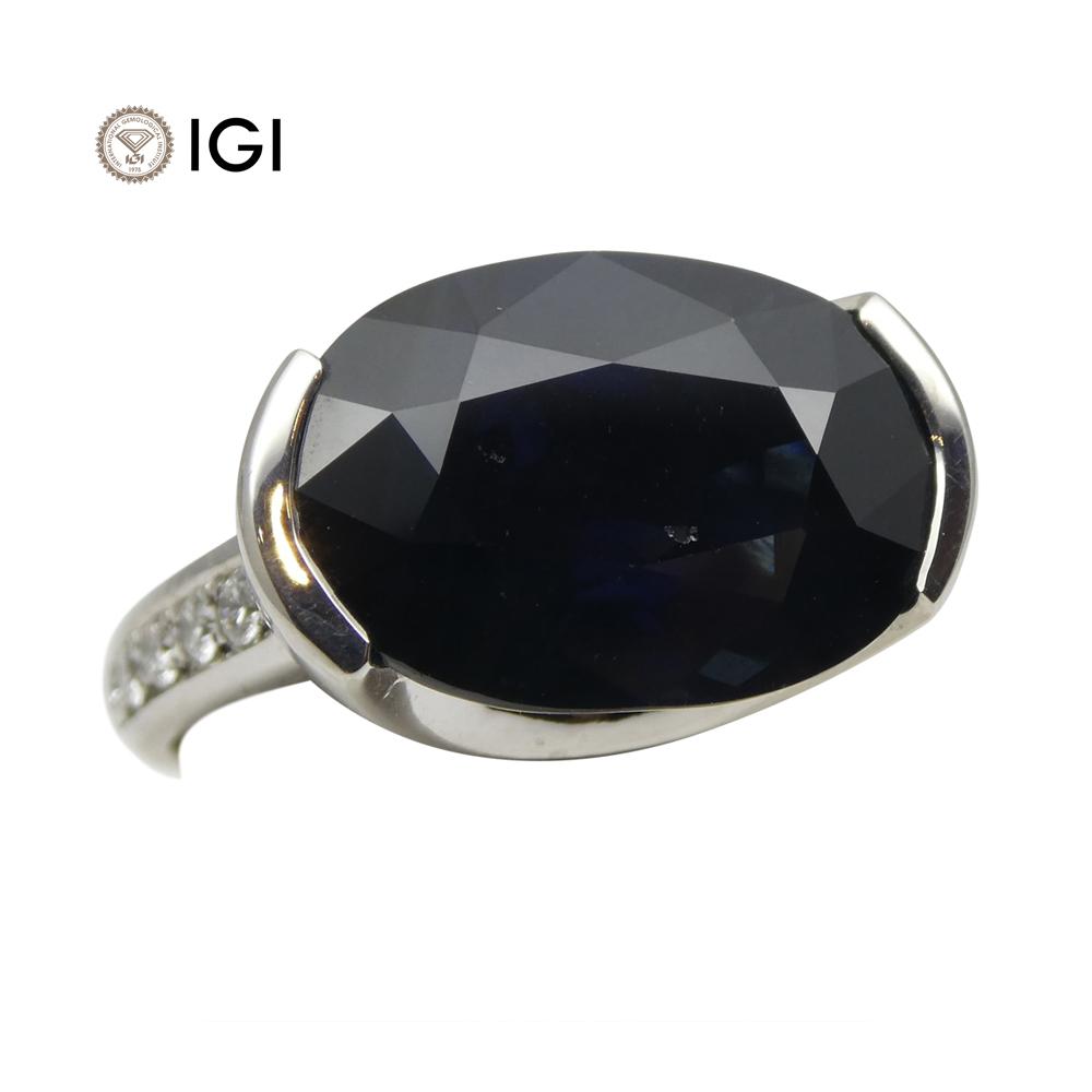 Fine Quality 12.21ct IGI Certified Unheated Blue Sapphire & Diamond Ring in 18kt White Gold - Skyjems Wholesale Gemstones