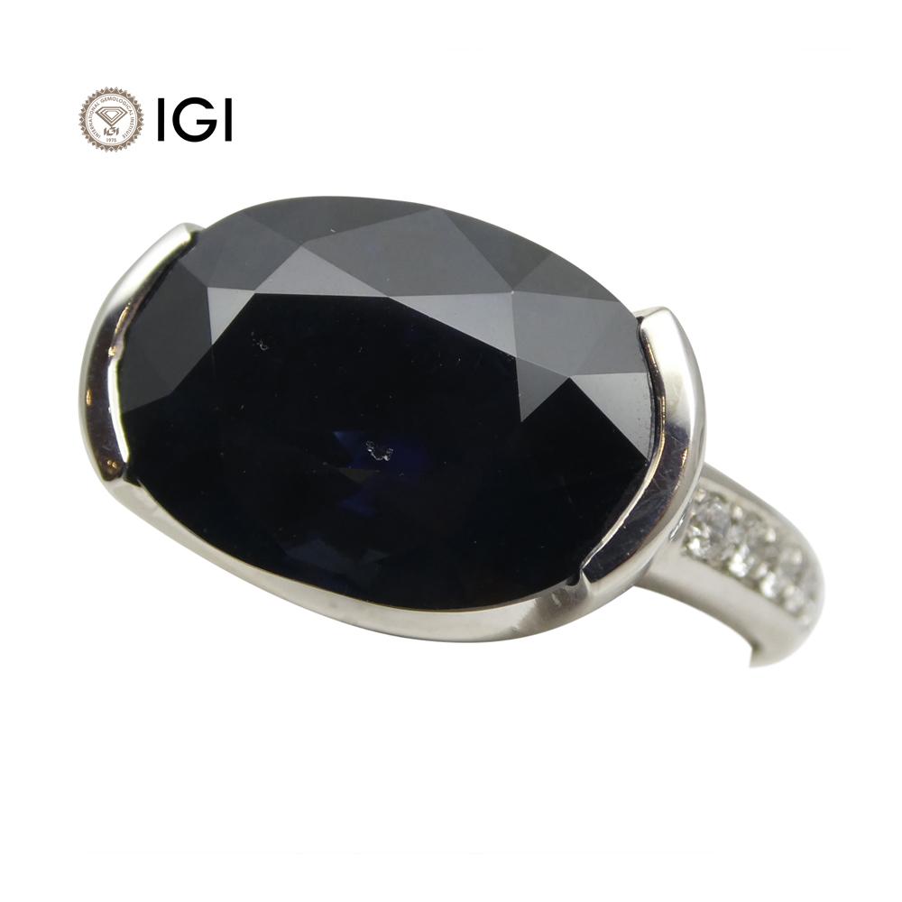 Fine Quality 12.21ct IGI Certified Unheated Blue Sapphire & Diamond Ring in 18kt White Gold - Skyjems Wholesale Gemstones