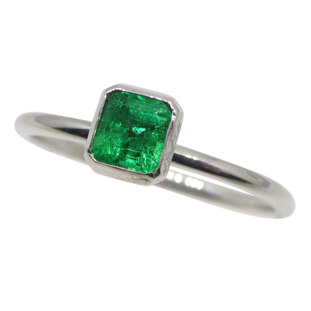 SkyJems Colombian emerald stacker ring in 10kt white gold, dainty green gemstone solitaire with square design