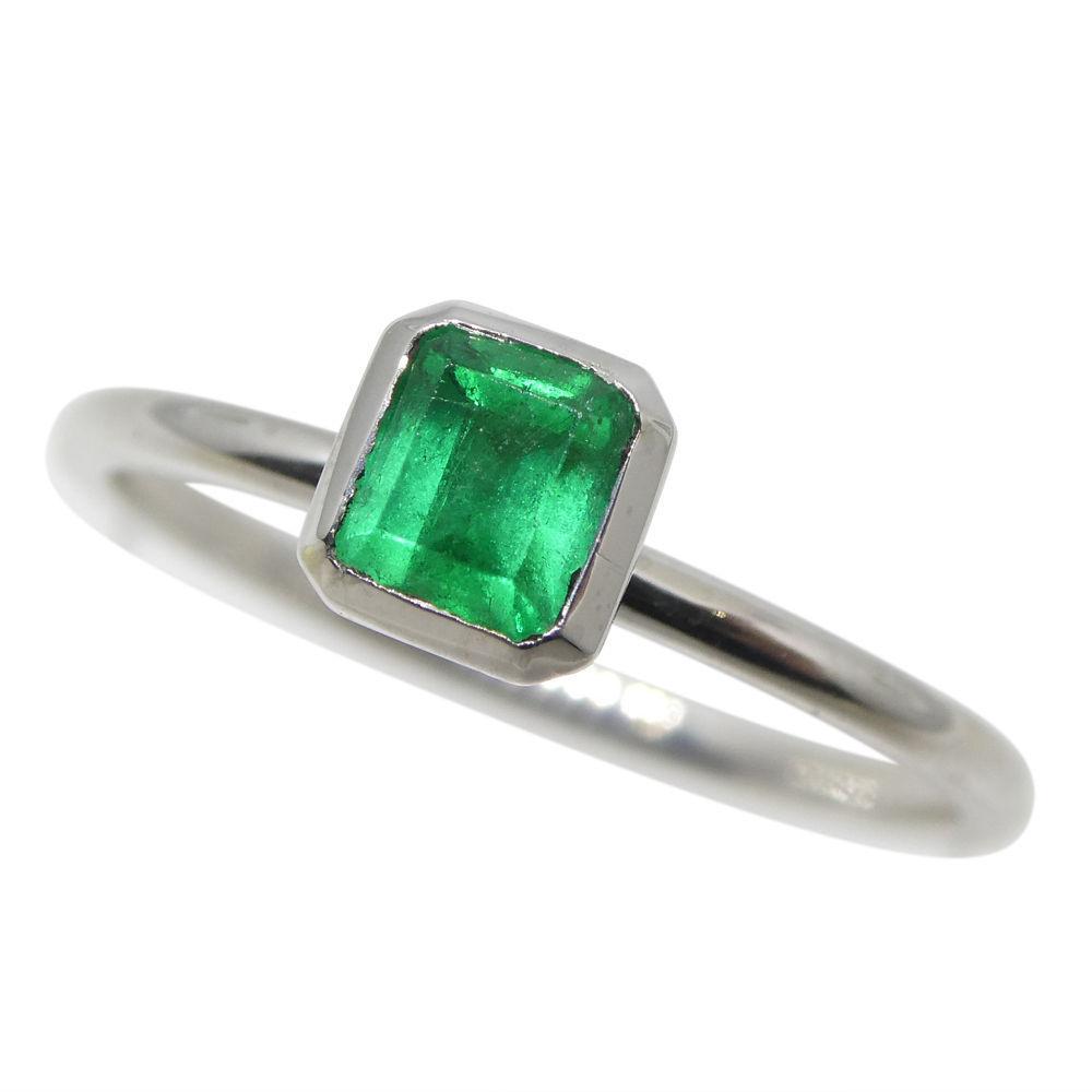 Dainty Colombian emerald stacker ring in 10kt white gold, octagon-cut green gemstone by SkyJems Canadian jewellers