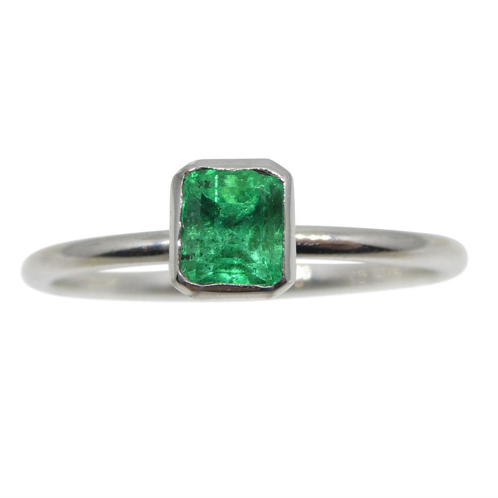Dainty Colombian emerald stacker ring in 10kt white gold, octagon-cut green gemstone by SkyJems Canadian jewellers