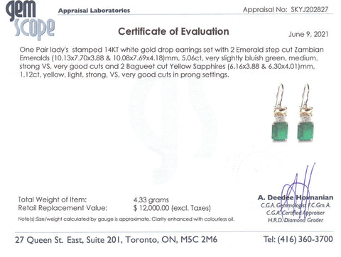 5.06ct Emerald & Yellow Sapphire Earrings set in 14k White Gold