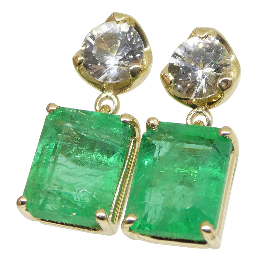 5.48ct Emerald & White Sapphire Earrings set in 14k Yellow Gold