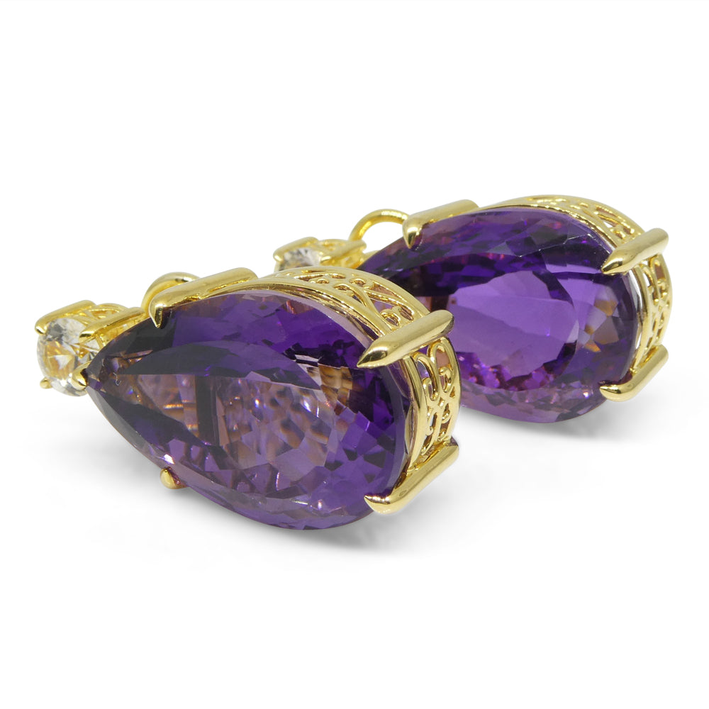 36.50ct Amethyst and White Sapphire Omega Back Earrings set in 14kt Yellow Gold with Certificate - Skyjems Wholesale Gemstones