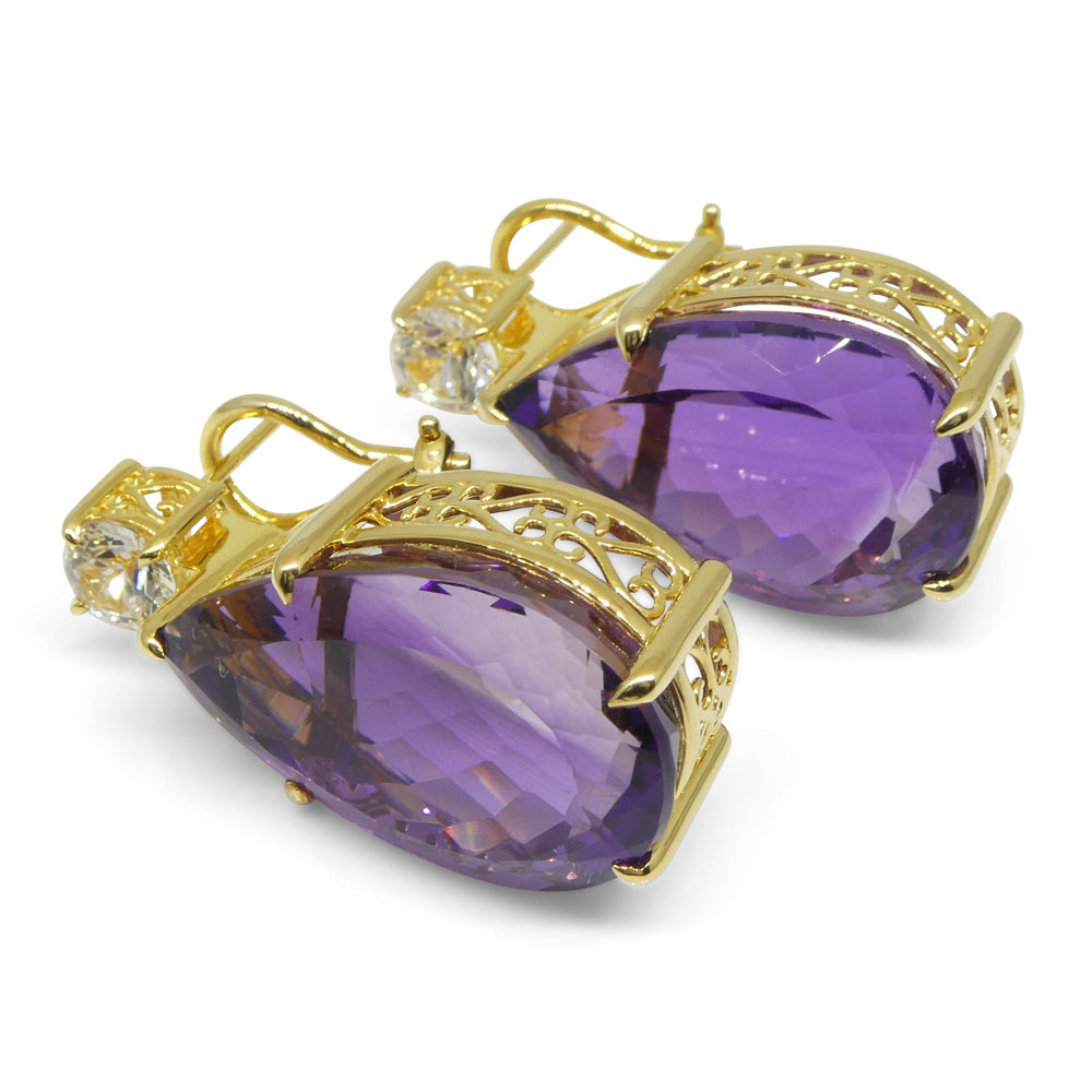 36.50ct Amethyst and White Sapphire Omega Back Earrings set in 14kt Yellow Gold with Certificate - Skyjems Wholesale Gemstones