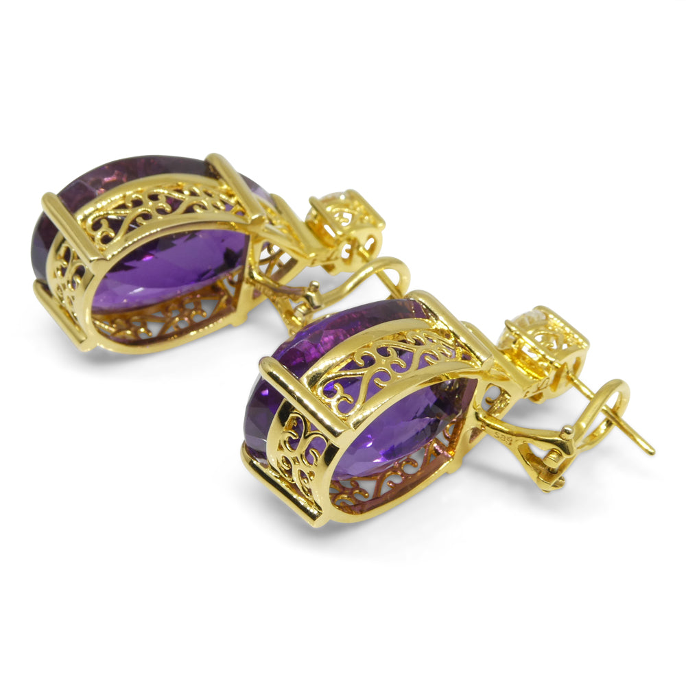 36.50ct Amethyst and White Sapphire Omega Back Earrings set in 14kt Yellow Gold with Certificate - Skyjems Wholesale Gemstones