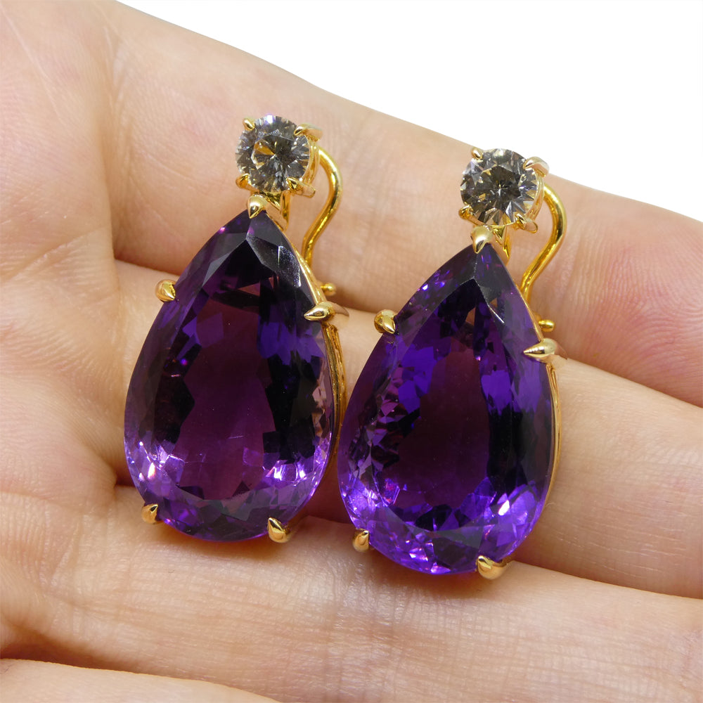 36.50ct Amethyst and White Sapphire Omega Back Earrings set in 14kt Yellow Gold with Certificate - Skyjems Wholesale Gemstones