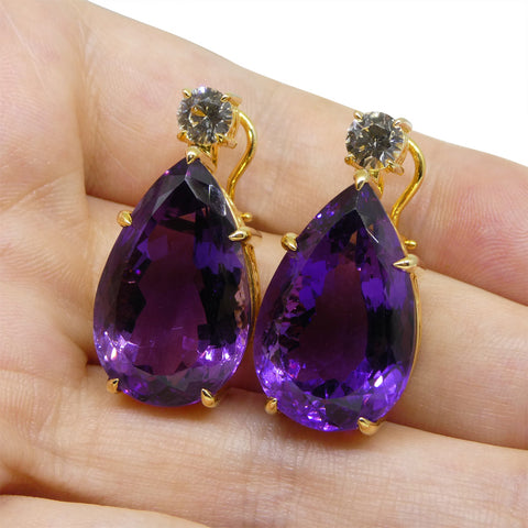 36.50ct Amethyst and White Sapphire Omega Back Earrings set in 14k Yellow Gold with Certificate
