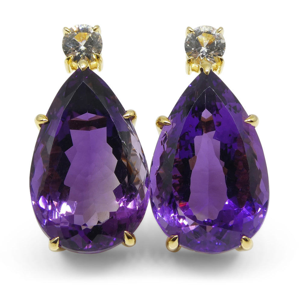36.50ct Amethyst and White Sapphire Omega Back Earrings set in 14k Yellow Gold with Certificate