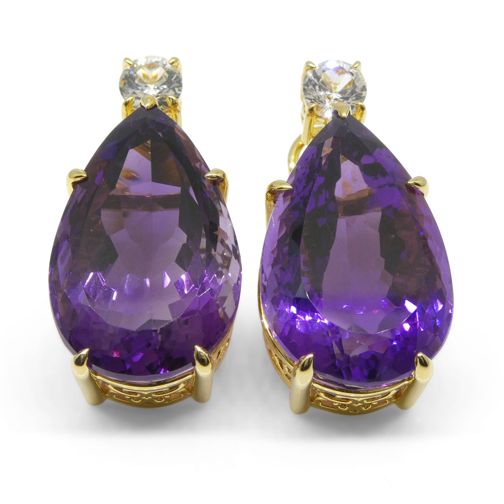 36.50ct Amethyst and White Sapphire Omega Back Earrings set in 14kt Yellow Gold with Certificate - Skyjems Wholesale Gemstones