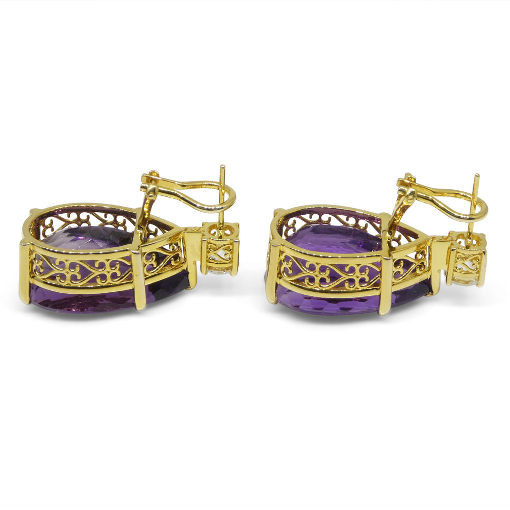 36.50ct Amethyst and White Sapphire Omega Back Earrings set in 14kt Yellow Gold with Certificate - Skyjems Wholesale Gemstones