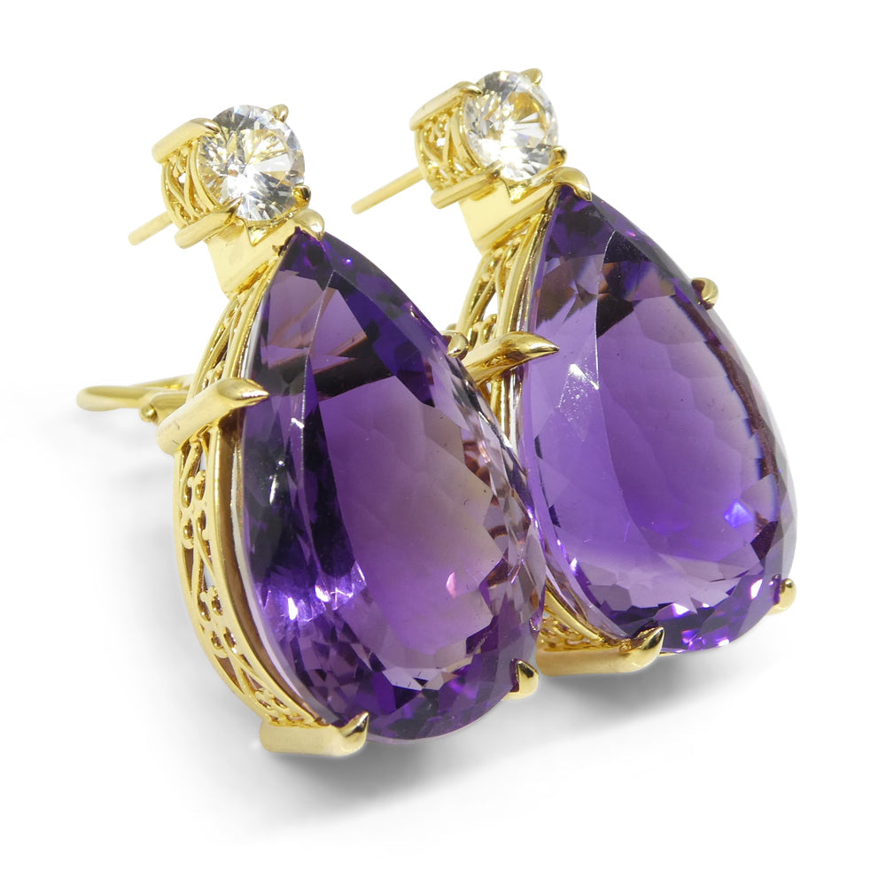 36.50ct Amethyst and White Sapphire Omega Back Earrings set in 14kt Yellow Gold with Certificate - Skyjems Wholesale Gemstones