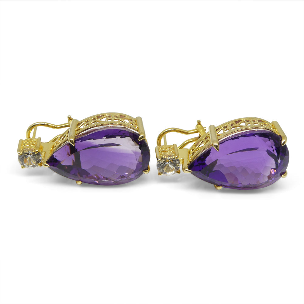 36.50ct Amethyst and White Sapphire Omega Back Earrings set in 14kt Yellow Gold with Certificate - Skyjems Wholesale Gemstones