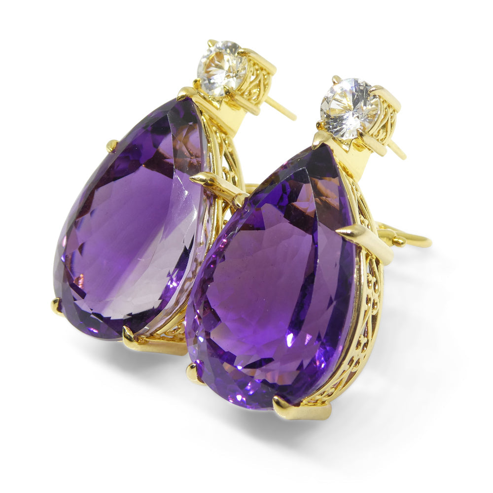 36.50ct Amethyst and White Sapphire Omega Back Earrings set in 14kt Yellow Gold with Certificate - Skyjems Wholesale Gemstones