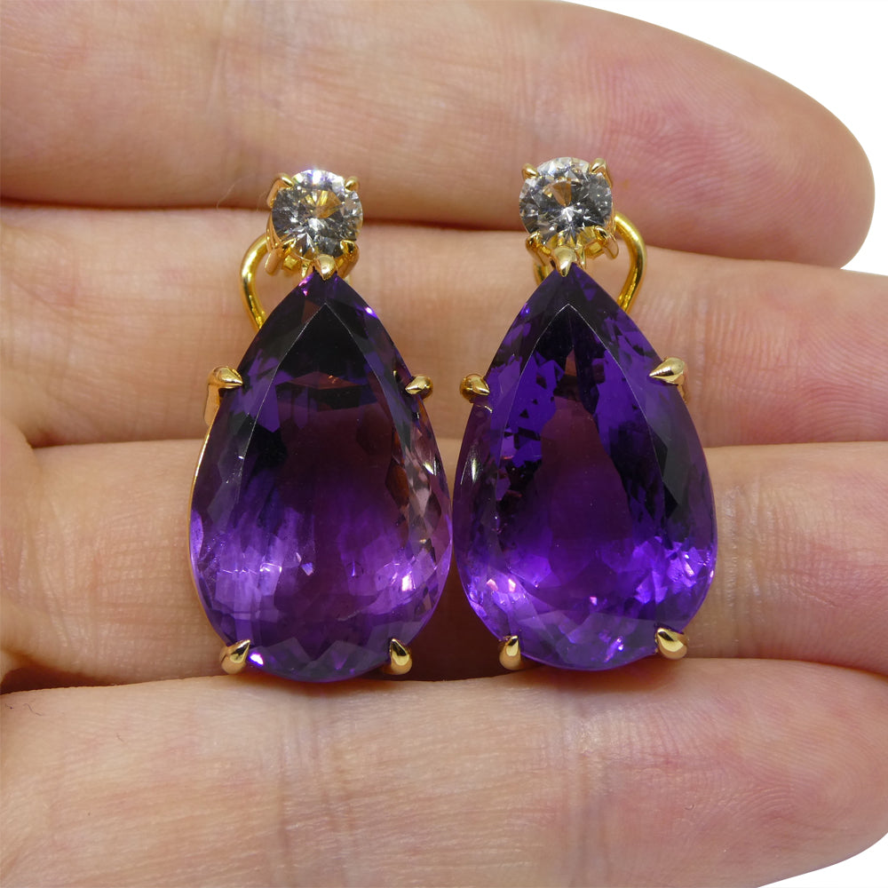 36.50ct Amethyst and White Sapphire Omega Back Earrings set in 14kt Yellow Gold with Certificate - Skyjems Wholesale Gemstones