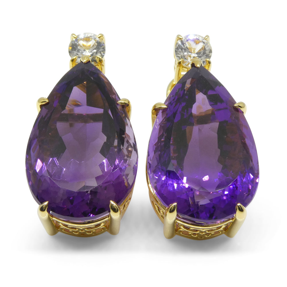 36.50ct Amethyst and White Sapphire Omega Back Earrings set in 14kt Yellow Gold with Certificate - Skyjems Wholesale Gemstones