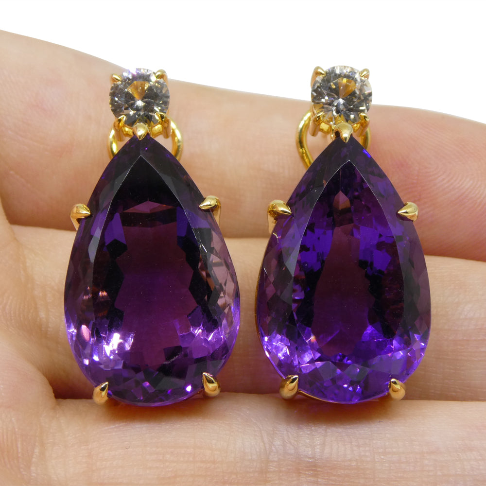 36.50ct Amethyst and White Sapphire Omega Back Earrings set in 14kt Yellow Gold with Certificate - Skyjems Wholesale Gemstones