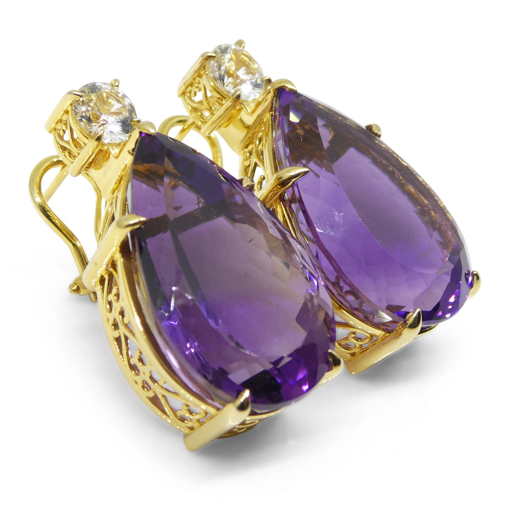 36.50ct Amethyst and White Sapphire Omega Back Earrings set in 14kt Yellow Gold with Certificate - Skyjems Wholesale Gemstones