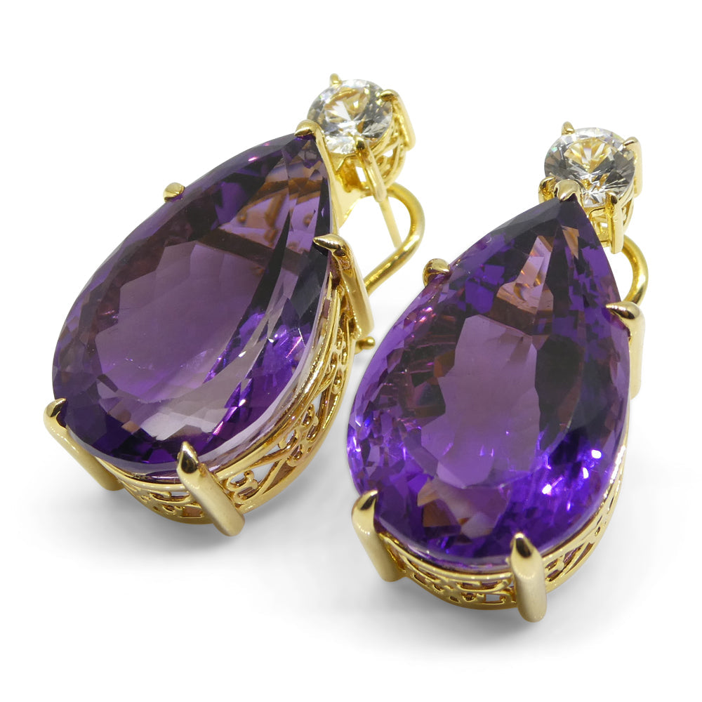 36.50ct Amethyst and White Sapphire Omega Back Earrings set in 14kt Yellow Gold with Certificate - Skyjems Wholesale Gemstones