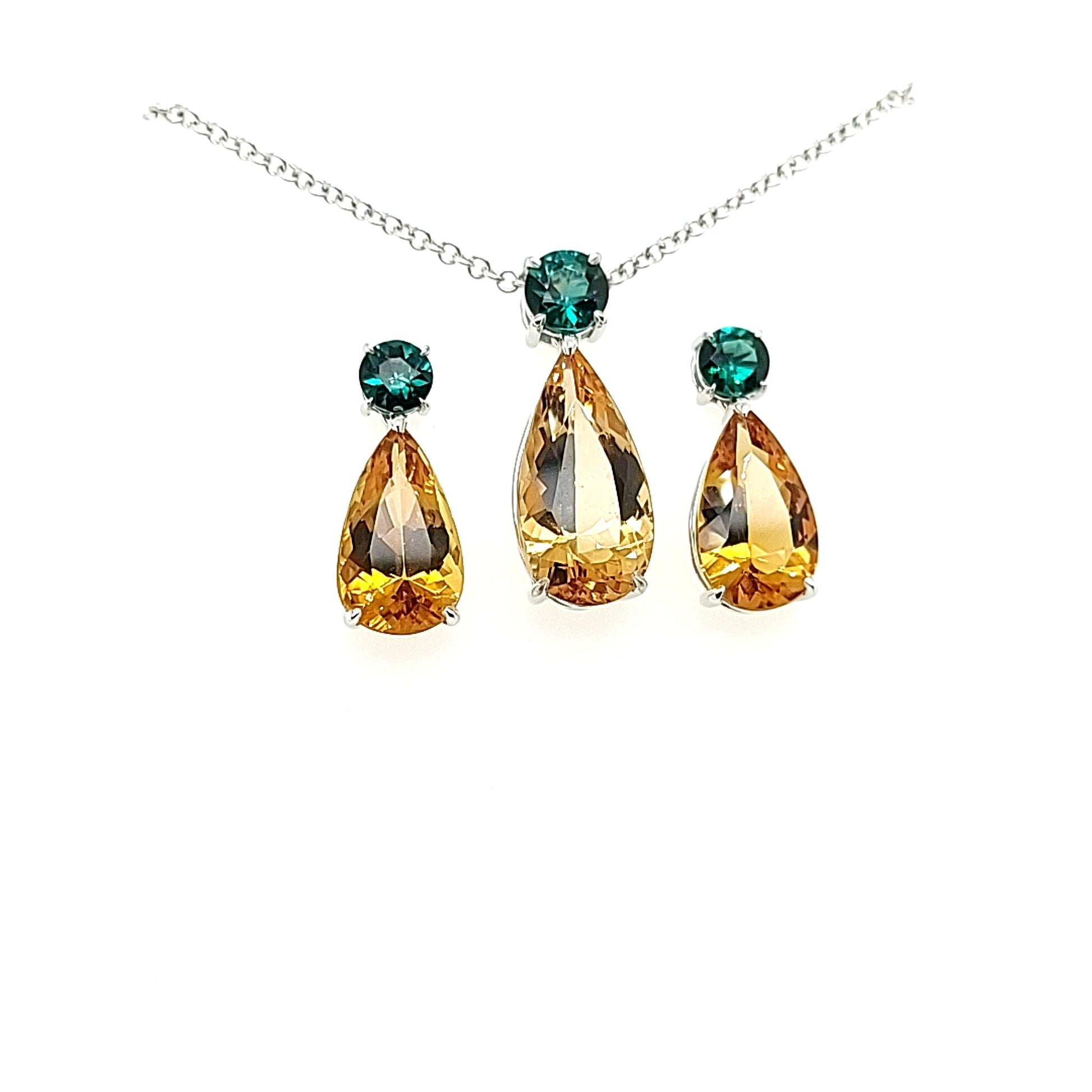 14.05ct Heliodor and Indicolite Tourmaline Earrings and Pendant set in 14kt White Gold with Certificate - Skyjems Wholesale Gemstones