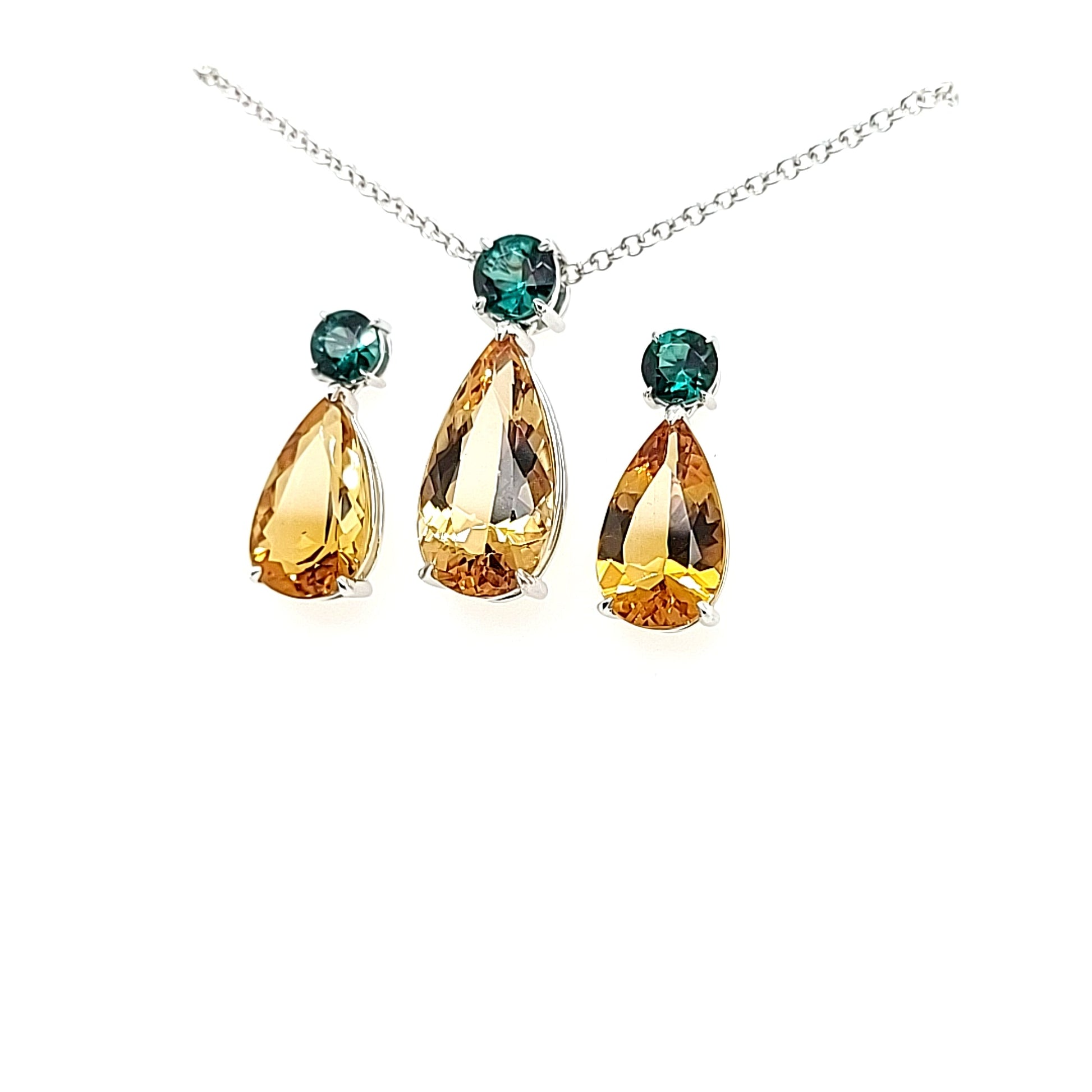 14.05ct Heliodor and Indicolite Tourmaline Earrings and Pendant set in 14kt White Gold with Certificate - Skyjems Wholesale Gemstones