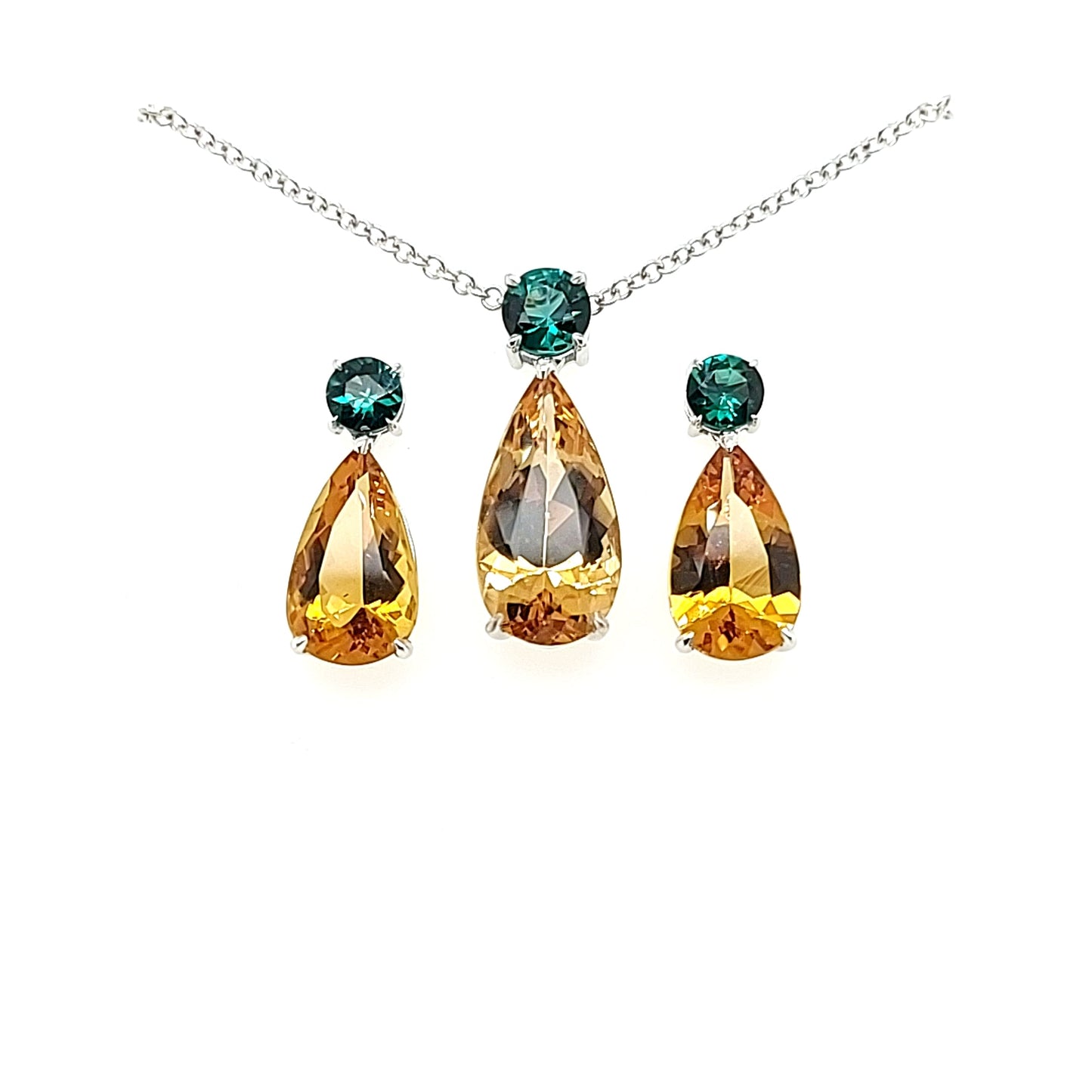 14.05ct Heliodor and Indicolite Tourmaline Earrings and Pendant set in 14kt White Gold with Certificate - Skyjems Wholesale Gemstones