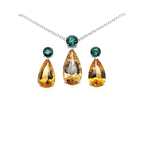 14.05ct Heliodor and Indicolite Tourmaline Earrings and Pendant set in 14kt White Gold with Certificate