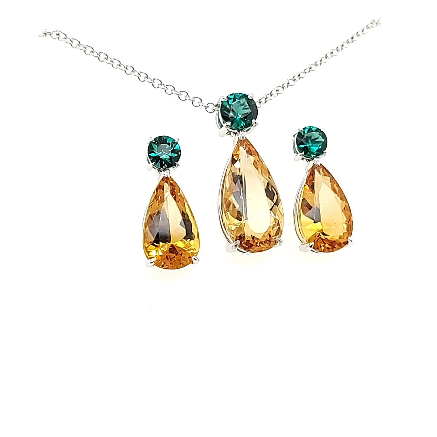 14.05ct Heliodor and Indicolite Tourmaline Earrings and Pendant set in 14kt White Gold with Certificate - Skyjems Wholesale Gemstones